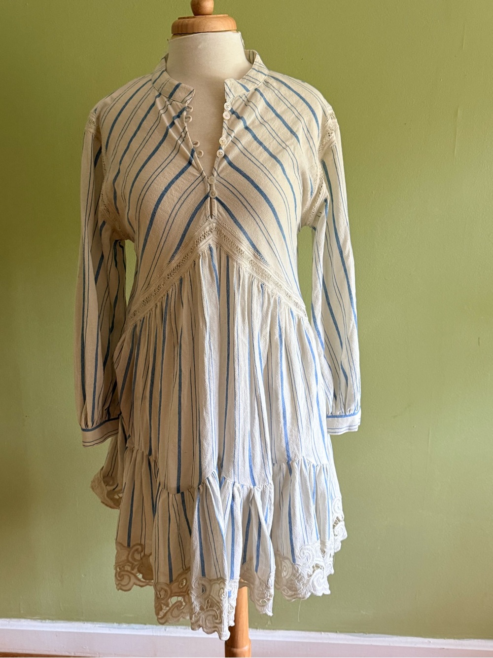 Sea New York Cream and Blue Striped linen Button-Front mini dress- medium